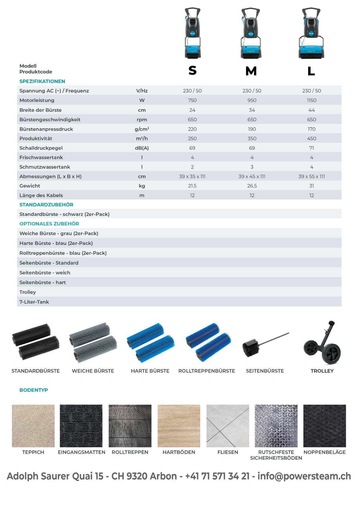 MultiFloor PRO Spezifikationen – Modelle S, M und L